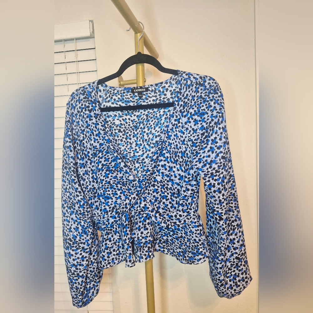 Express Blue White Black Printed Tie-Front Blouse
